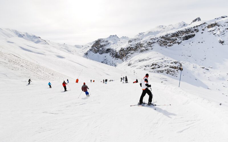 A group of skiers on the snowy slopes of La Plagne