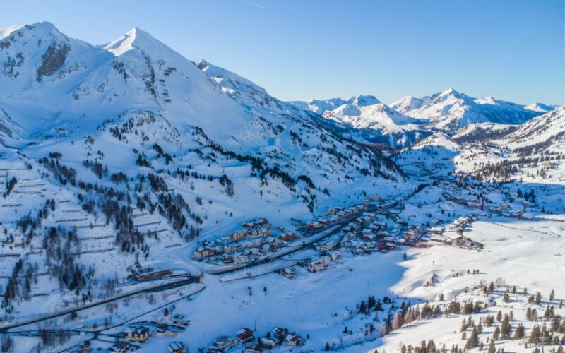 Overhead shot of Obertauern in Austria, covered in snow