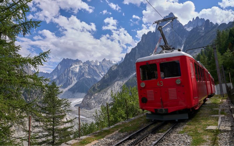 A train going down the track to the Chamonix ski holiday resort: a sustainable travel option